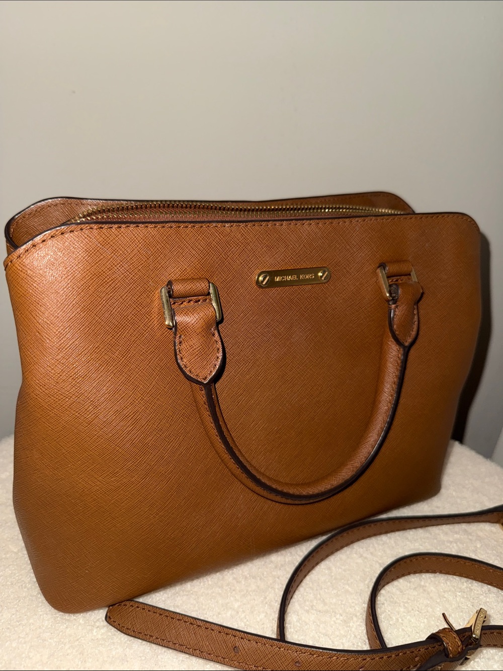 Michael Kors Tan Saffiano Leather Crossbody Satchel with Gold Hardware - Picture 7 of 9
